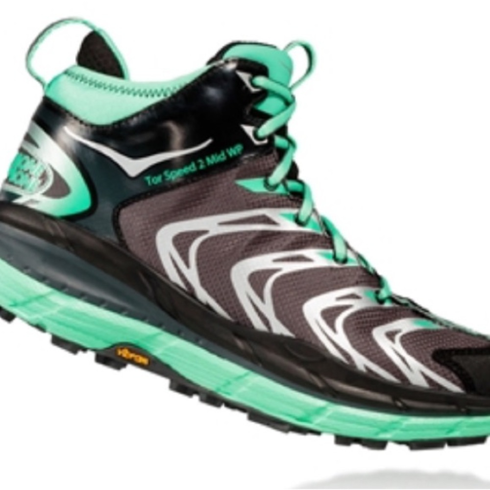 WOMEN'S HOKA TOR SPEED 2 WP SHOES - DARK SHADOW / MINT GREEN
